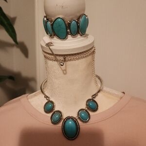 Turquoise Set, Necklace,upgrade Earrings, Hibge Bracelet And Bag